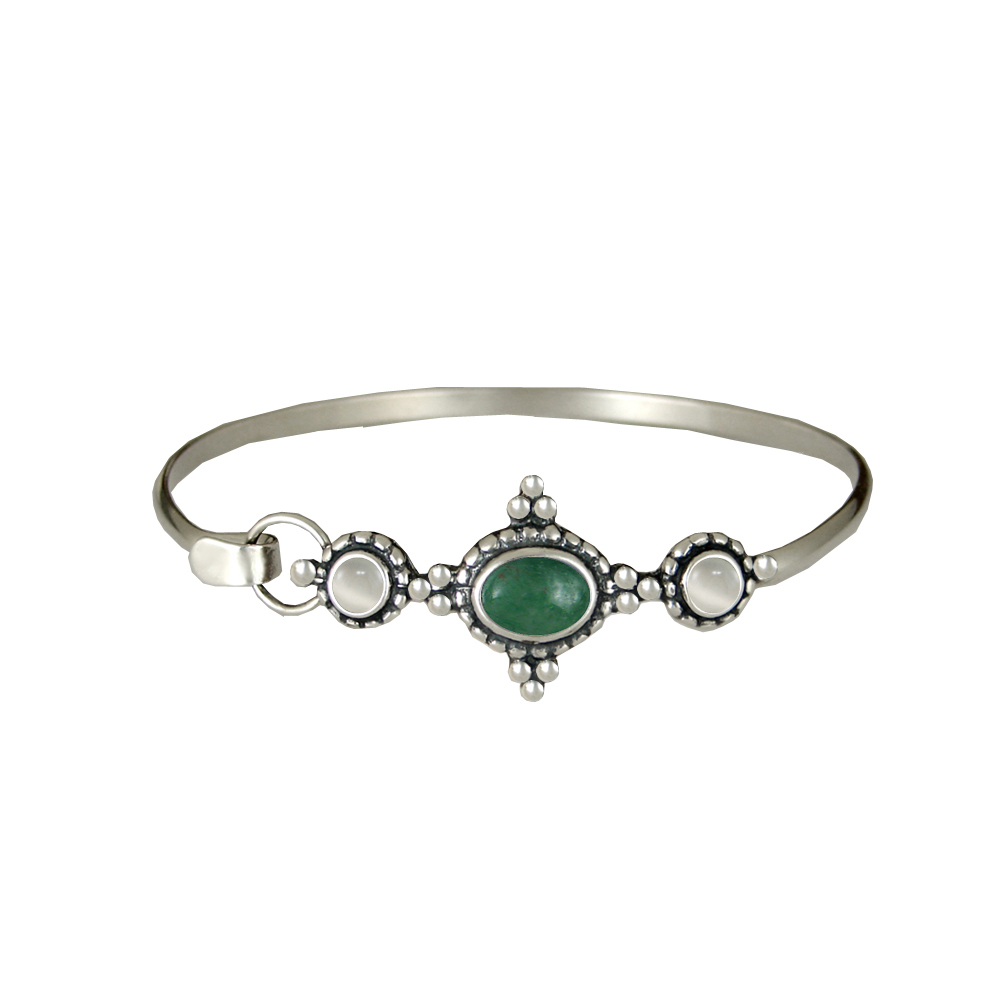 Sterling Silver Gemstone Strap Latch Spring Hook Bangle Bracelet Jade And White Moonstone